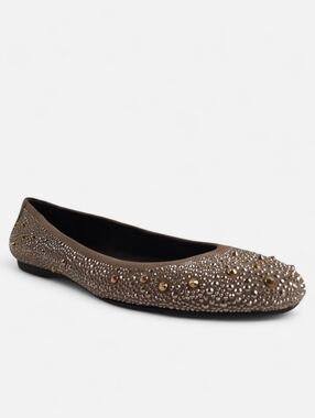 STUART WEITZMAN Studded Gold Silver Ballet Flats Jewelled Taupe Tan Gray 8.5